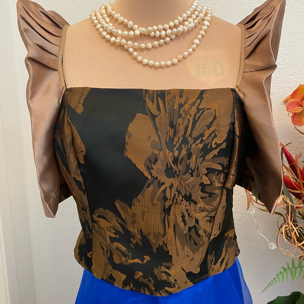 Filipiniana Chic Black and Brown Floral Women's Blouse with butterfly sleeves